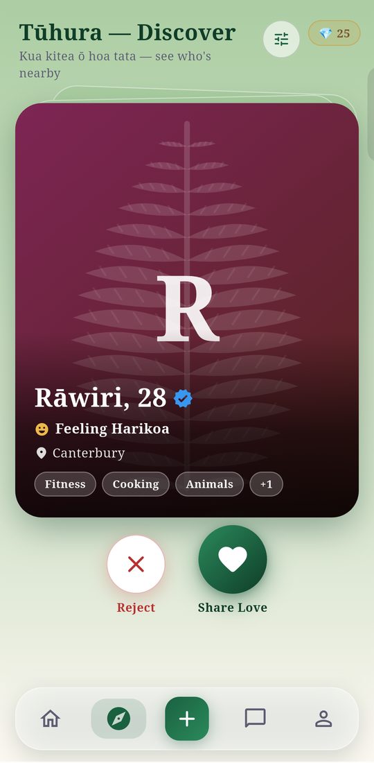 Discover showing a profile card with mood, region and interests